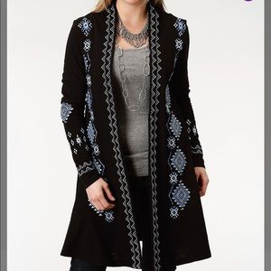 Roper- Black Cardigan w/ geometric blue stitch embroidery designs-So chic! S-NWT